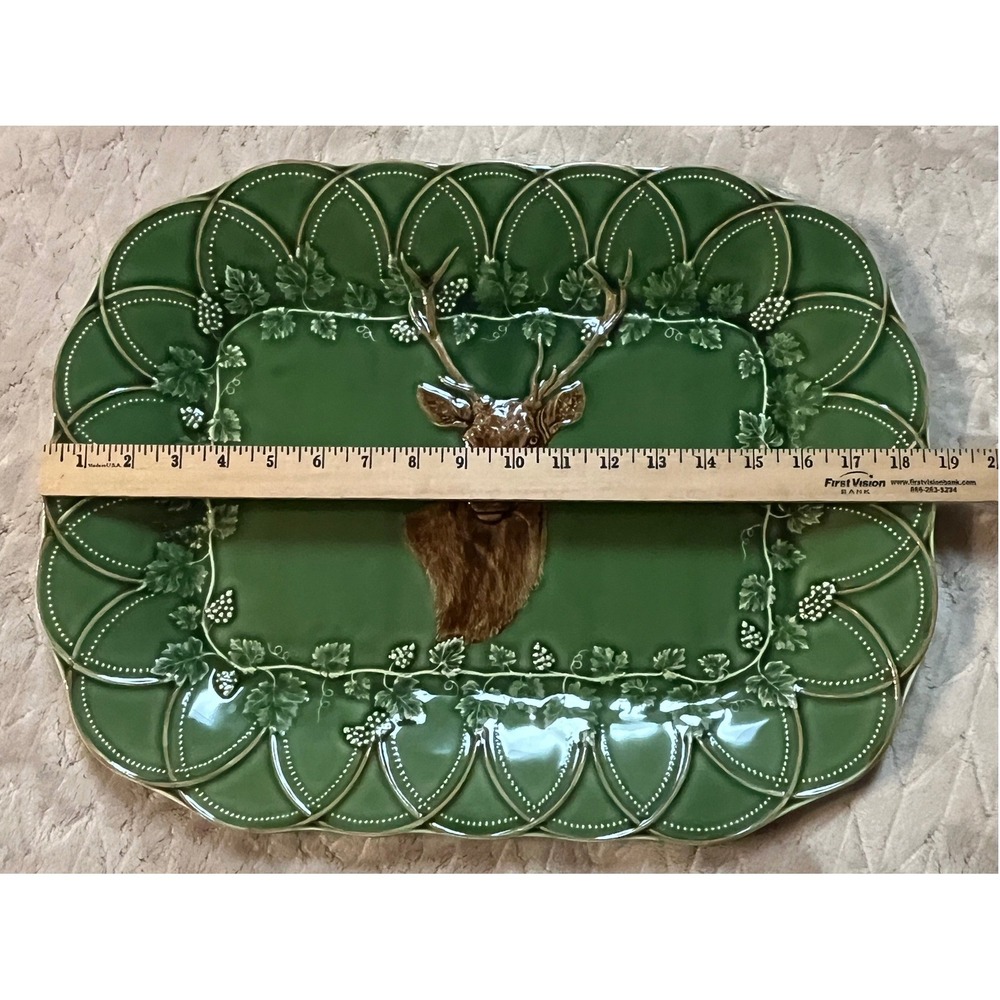 Bordallo Pinheiro Woods Deer Platter Tray Green Buck Portugal 18.75" Bosque Hunt - Picture 12 of 13